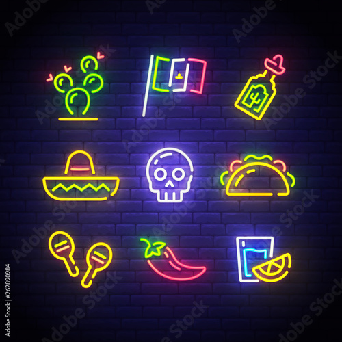 Mexican icons. Icon from Cinco De Mayo. Mexico neon sign. Cactus, Flag Mexico, Tequila, Mexican hat, Skull, Taco, Maracas, Chilli, Shot icon. Vector Illustration