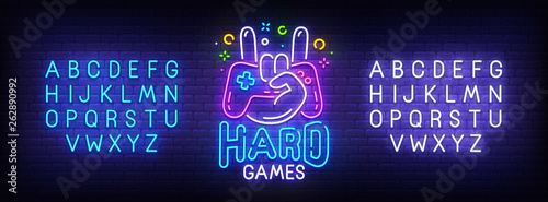 Hard Game neon sign, bright signboard, light banner. Game logo, emblem and label. Neon sign creator. Neon text edit