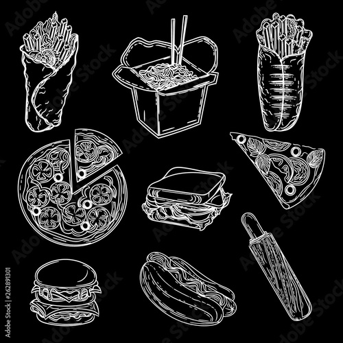 Vector hand drawn black and white set of street food.