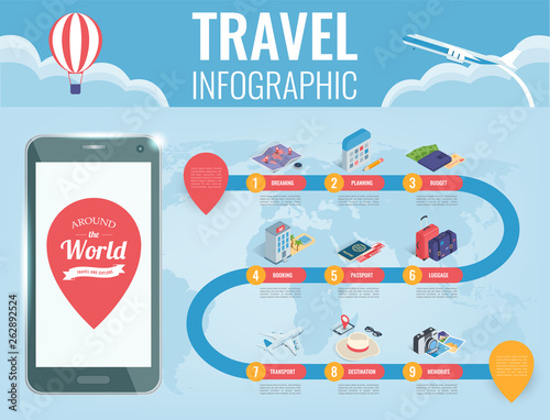 Travel infographic in isometric style. Infographics for business, web sites, presentations, advertising. Travel and Tourism concept. Vector