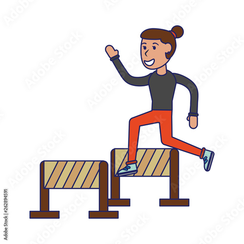 Athelete jumping barriers cartoon blue lines