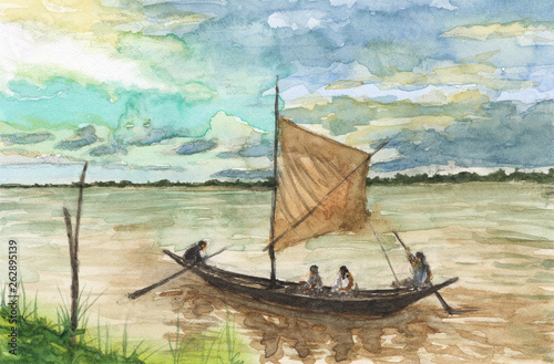 Watercolor painting - Myanmar Vietnam Junk on the river