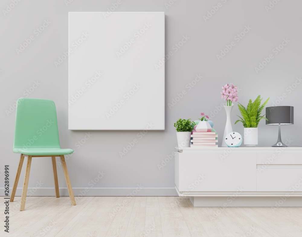 Modern interior with poster and chair,decoration composition on cabinet,3d rendering Modern interior with poster and chair,decoration composition on cabinet,3d rendering