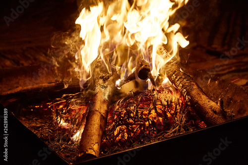 firewood flame burning at night