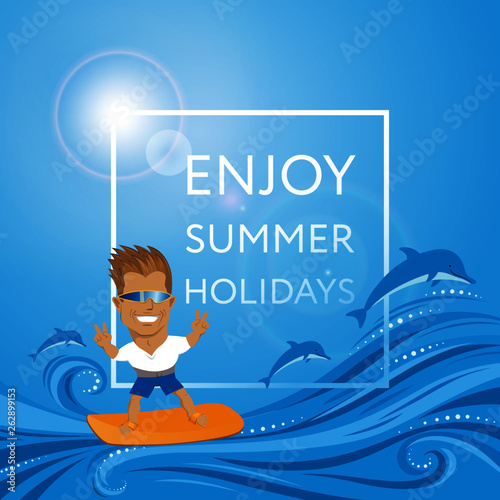 Surfer on summer ocean - cartoon character, man in green sunglasses on orange waterboard - vector editable illustration. Extreme sport concept.