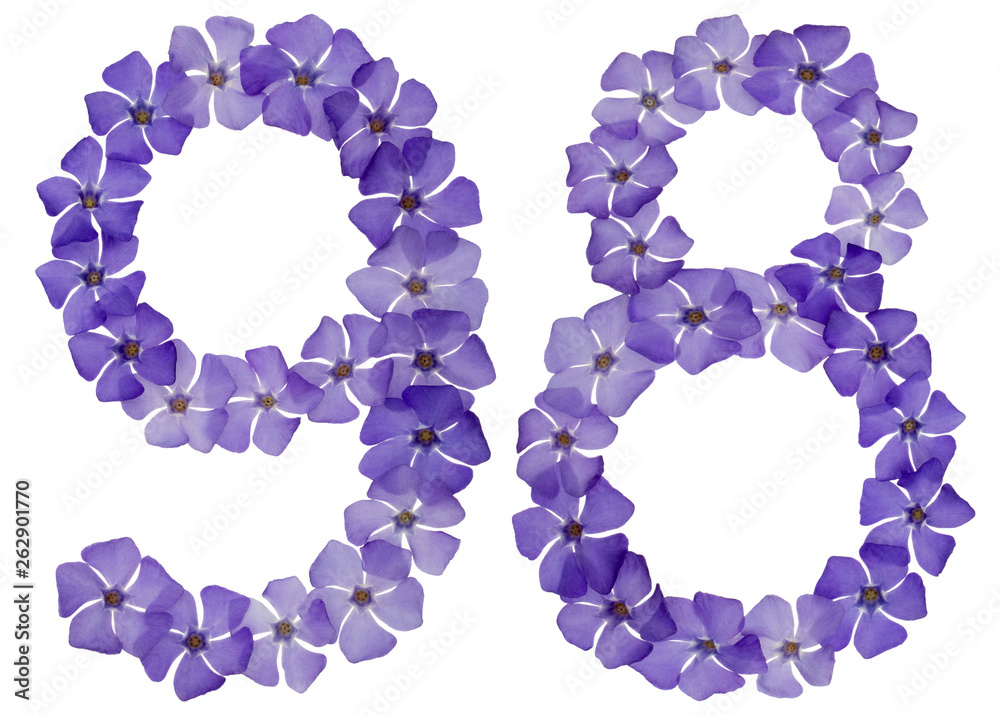 Numeral 98, ninety eight, from natural blue flowers of periwinkle, isolated on white background