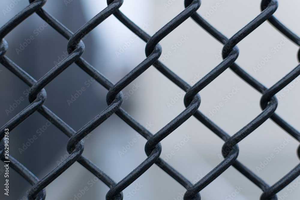 Fototapeta premium Black chain link fence against a smooth blurred out background, close-up
