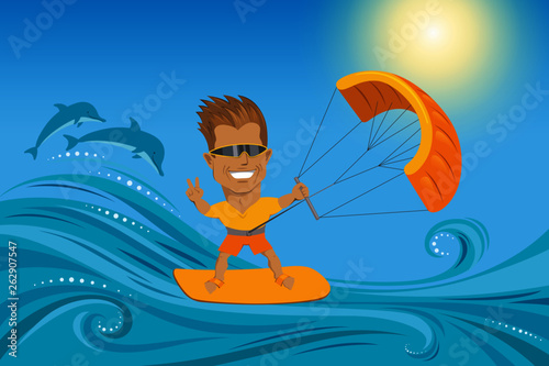 Kite surfer on summer ocean - man in sunglasses on orange waterboard  - vector editable illustration. Extreme sport concept for poster, banner, card.