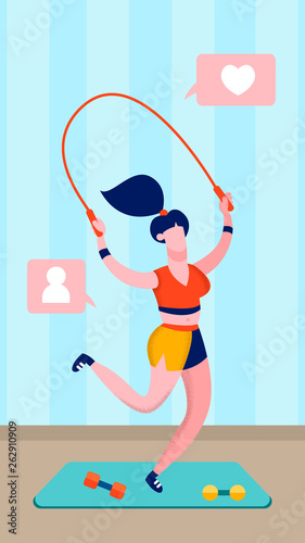 Sportswoman Jumping Rope Flat Vector Illustration