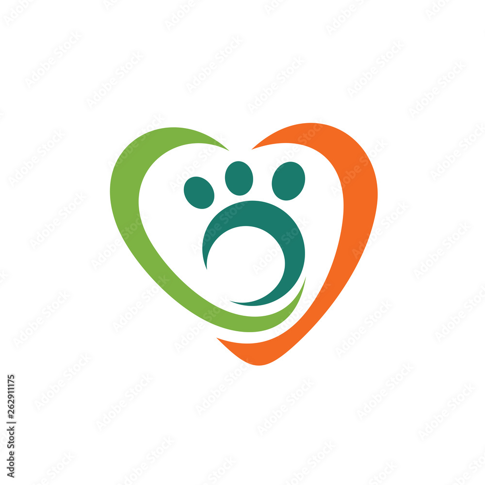 Pet care abstract vector logo, flat palm of animal in love, logo design Pet care abstract vector logo, flat palm of animal in love, logo design