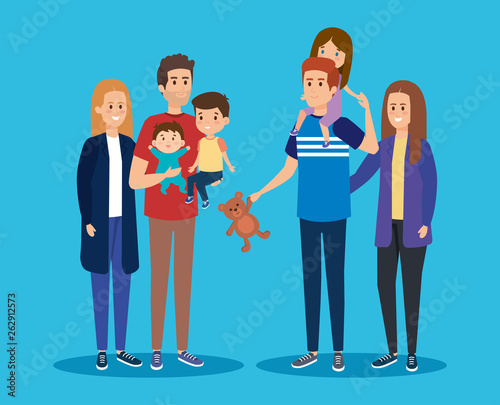 happy mothers and fathers friends with their kids