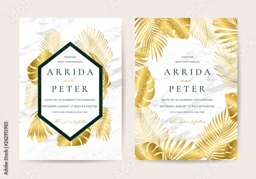 Wedding invitation,Thank You Card, rsvp, posters design collection with marble texture background,Geometric Shape,Gold and Tropical Leaves design - Vector