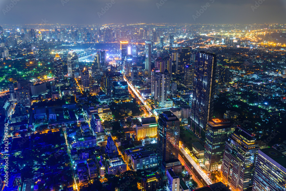 High view with lighting of Bangkok city in night time