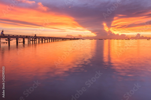 The evening bridge at the Buddha statue the lake of Asia