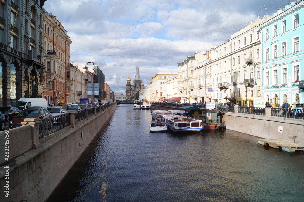 canal Moika, cathedral resurrection of the christ marker, Saint-Petersburg, Russia