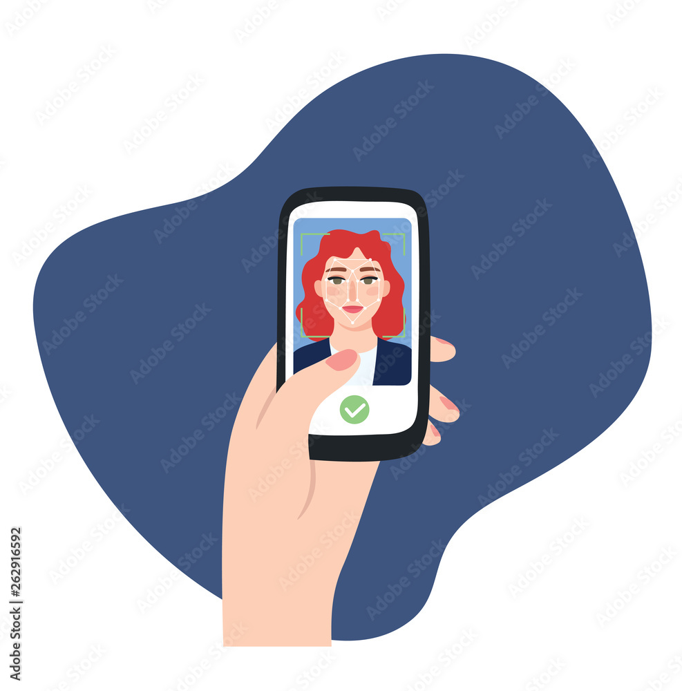 Face Recognition Technology on smartphone. Woman scanning her face to get access with Biometric identification Mobile app. Flat style, vector illustration.