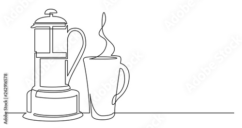 continuous line drawing of big french press and cup of tea
