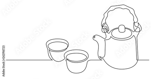 continuous line drawing of oriental style tea pot with bamboo handle and cups