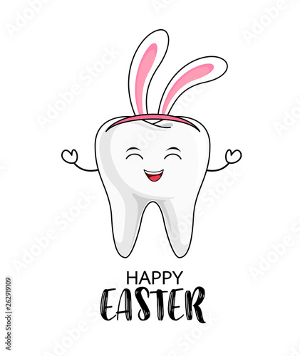 Cute cartoon bunny tooth character design. Happy Easter holiday concept. Vector Illustration isolated on white background.