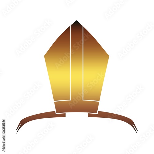 Bishop mitre with shamrok. Catholic hat icon. Golden metallic gradient.