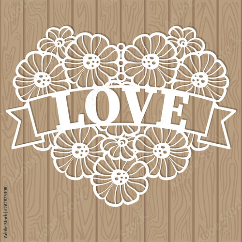 Template for laser cutting. The heart of lace consists of flowersVector