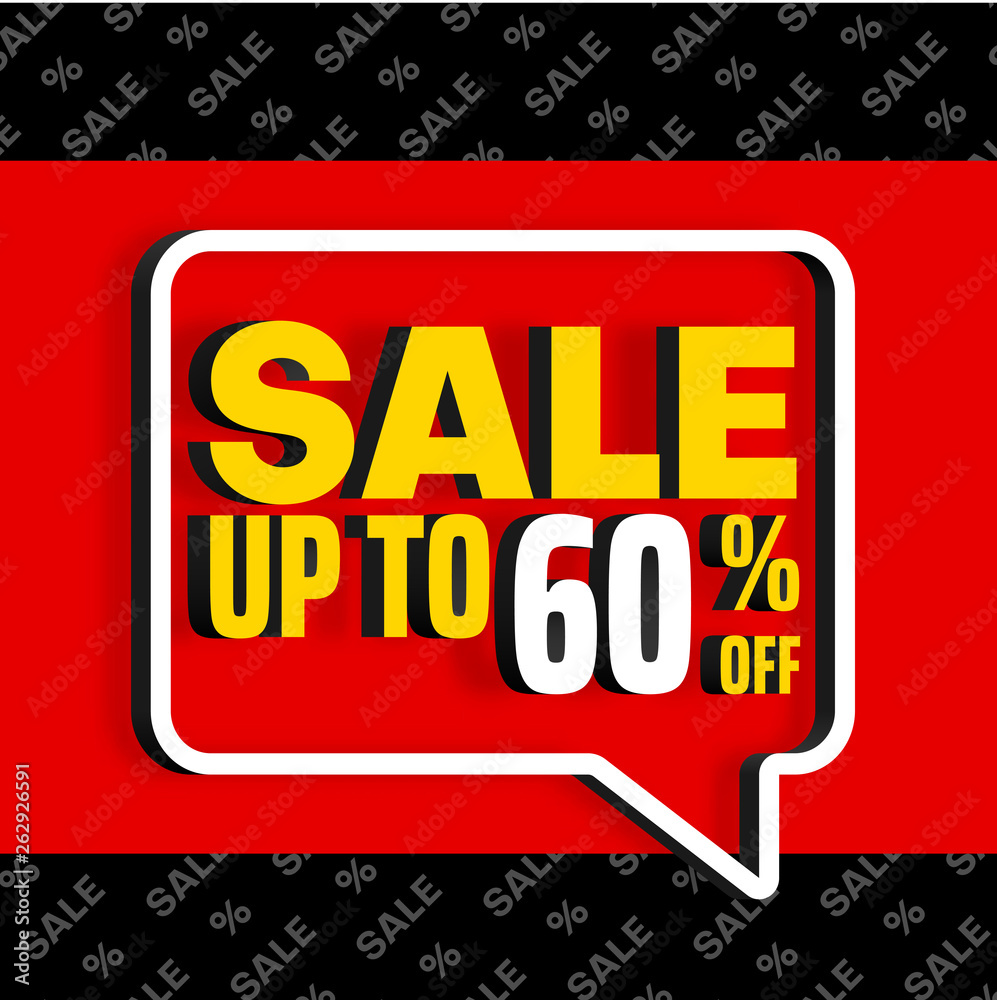 Sale up to 60% off. Red promo poster with speech bubble and colorful text.
