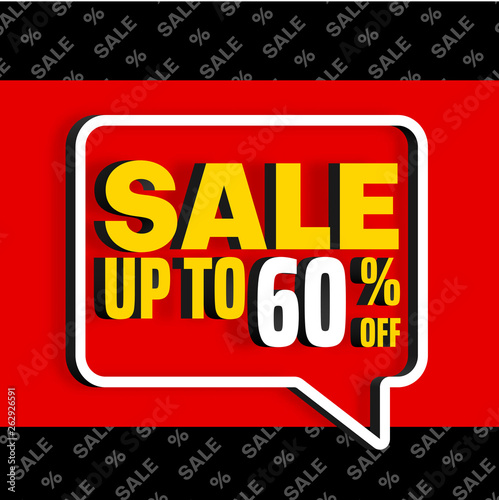 Sale up to 60% off. Red promo poster with speech bubble and colorful text.