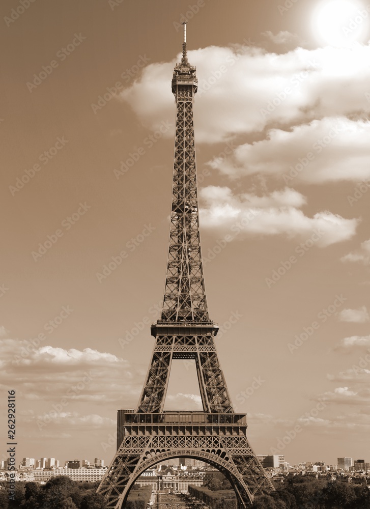 Eiffel Tower in Paris France with old toned sepia effect