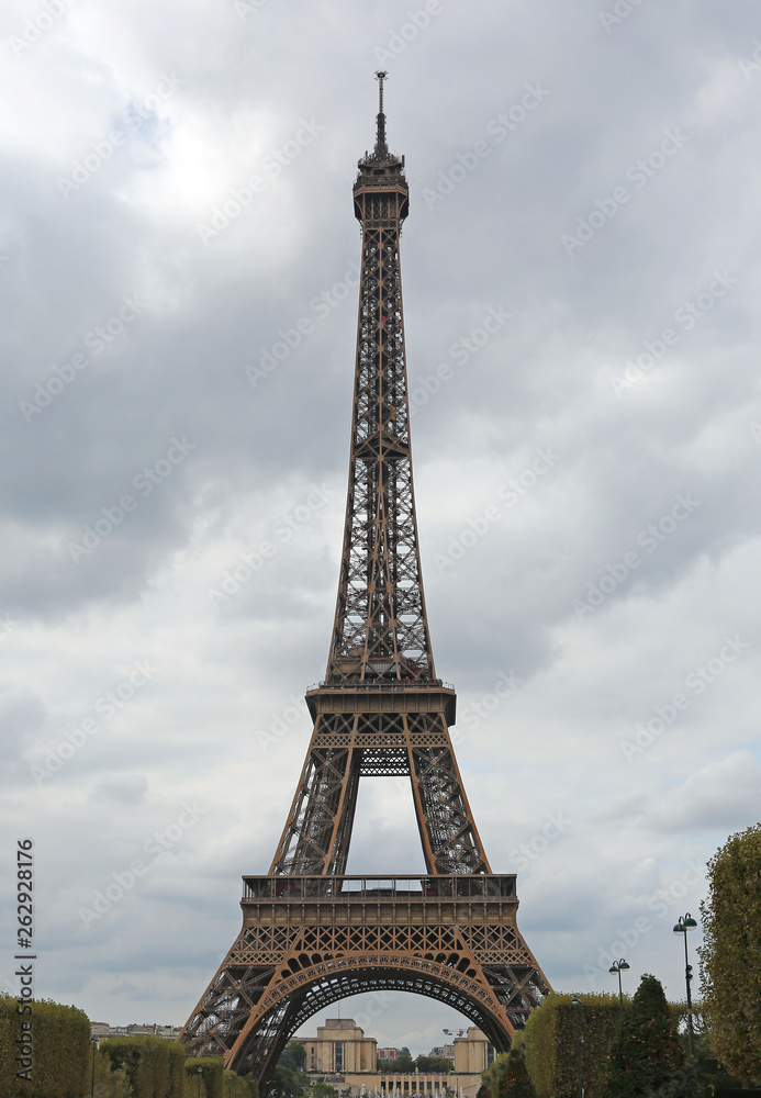 Eiffel Tower and cloudy sky
