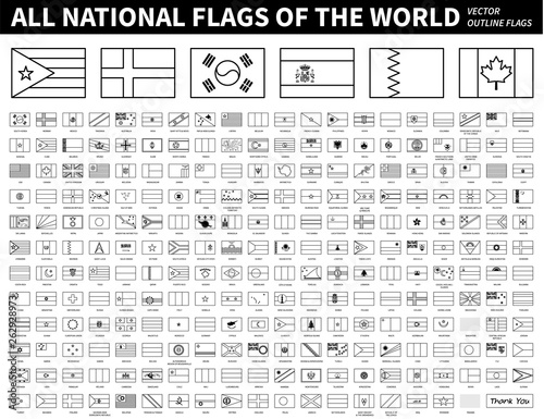 All national flags of the world . Outline shape design . Editable stroke vector .