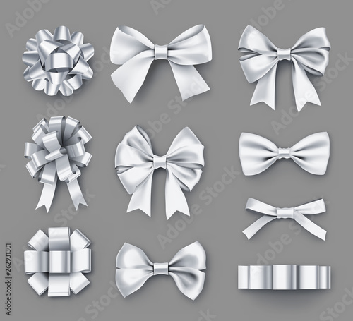 Pretty white gift bows with ribbons. Wedding ceremony decor isolated on grey background. Realistic decoration for best man invitation. Different elegant objects from silk vector illustration.