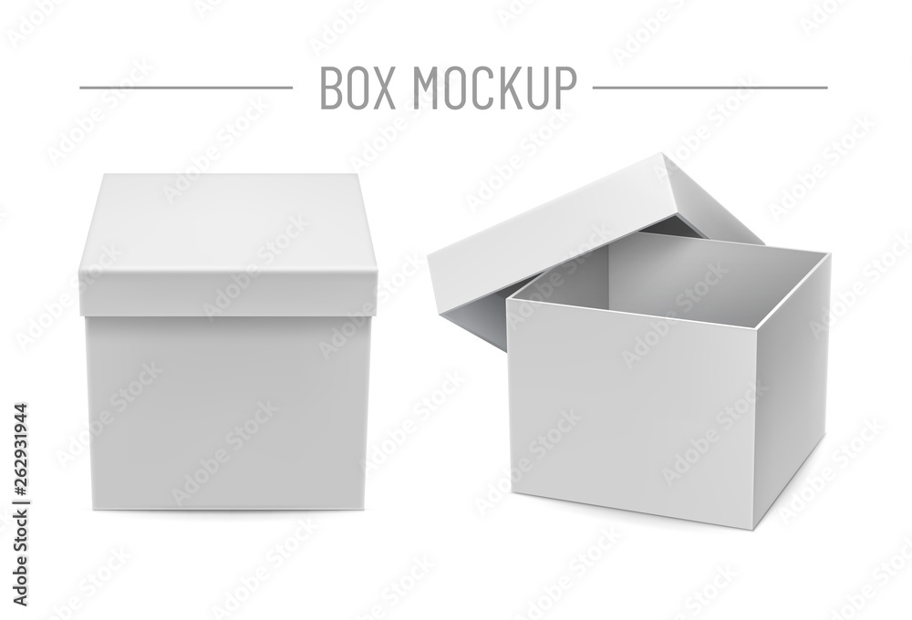 Blank cardboard boxes mockups isolated on white background vector illustration. Front view closed and opened realistic white box for retail advertising campaign. Template for create branding identity. Blank cardboard boxes mockups isolated on white background vector illustration. Front view closed and opened realistic white box for retail advertising campaign. Template for create branding identity.