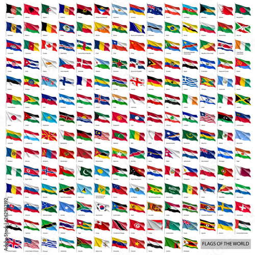 Wavy worldwide national flags on flagpoles. Realistic all world countries flags isolated on white background. Patriotic and diplomatic symbols vector illustration. Official and political identity. photo