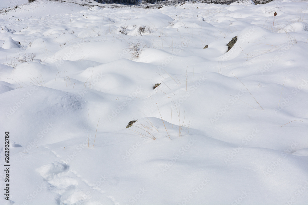 Snowy hills texture. Winter beauty backdrop. Snowdrift background.