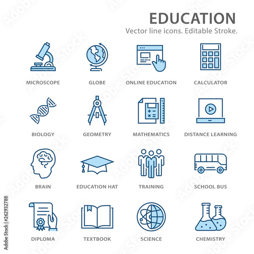 Education flat line icon set. Vector illustration. Editable stroke.