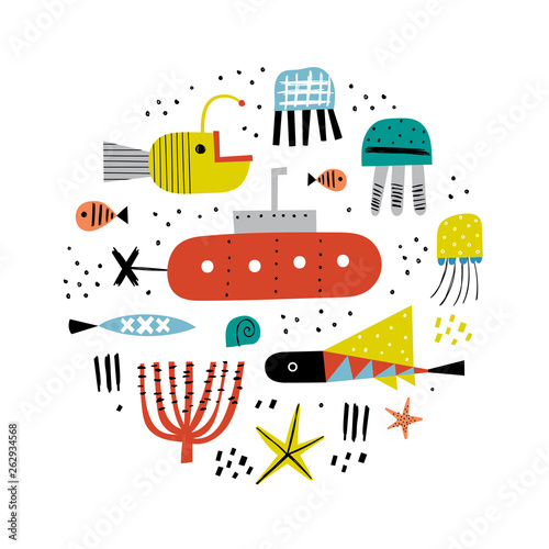 Color underwater world. Perfect for t-shirt, apparel, cards, poster, nursery decoration. Cute vector illustration.