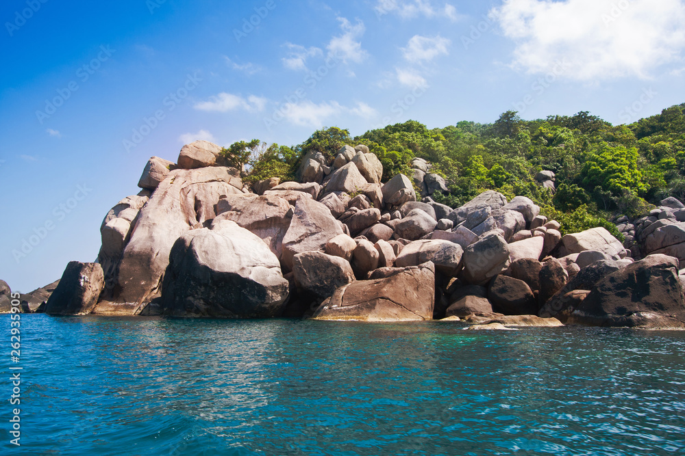 rock mountain and green local tree and blue sea water in koh tao at surat thani on beautiful nature tourism landscape background 