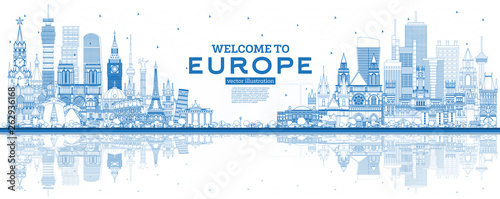 Outline Welcome to Europe Skyline with Blue Buildings. photo