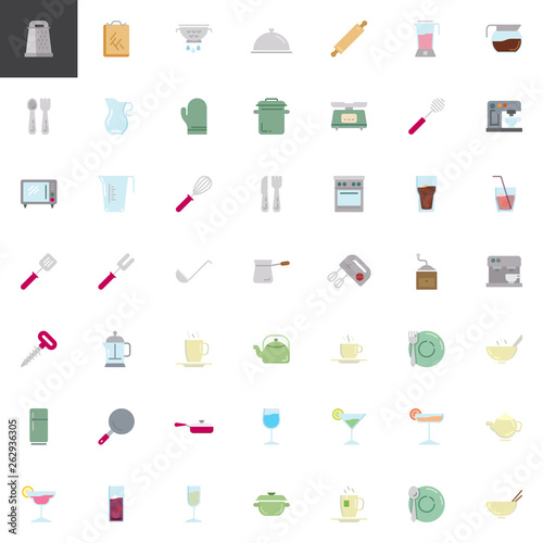 Kitchen utensils elements collection, flat icons set, Colorful symbols pack contains - Cheese grater, Cutting board, food strainer, Cutlery. Vector illustration. Flat style design