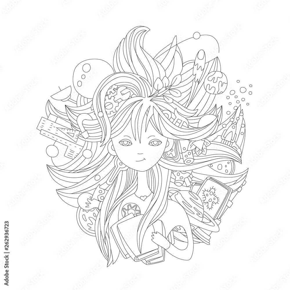 Cute hand draw illustration about science girl. Science elements chemist, physics, math