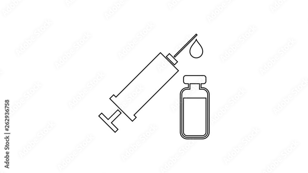 Grey Medical syringe with needle and vial or ampoule line icon on white background. Vaccination, injection, vaccine, insulin concept. 4K Video motion graphic animation Grey Medical syringe with needle and vial or ampoule line icon on white background. Vaccination, injection, vaccine, insulin concept. 4K Video motion graphic animation