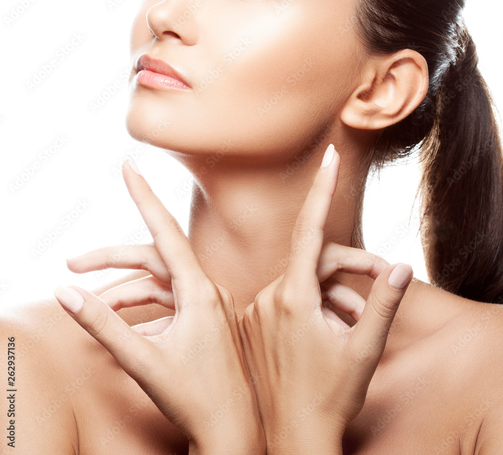 part of young woman face and body, hands near neck. Beauty treatment, spa concept part of young woman face and body, hands near neck. Beauty treatment, spa concept