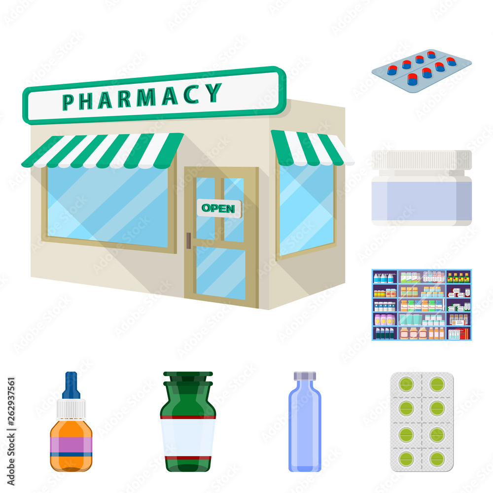 Vector illustration of pharmacy and pharmaceutical symbol. Collection of pharmacy and health vector icon for stock.