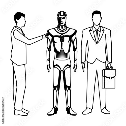 businessmen with humanoid robot black and white