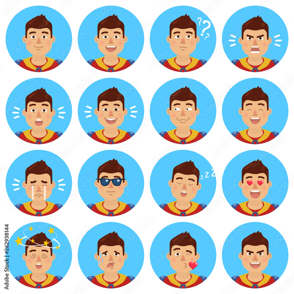 Big set of superhero emoticons. Superhero avatars showing different facial expressions. Happy, sad, smile, laugh, surprised, serious, dizzy, in love and other emotions. Simple vector illustration Big set of superhero emoticons. Superhero avatars showing different facial expressions. Happy, sad, smile, laugh, surprised, serious, dizzy, in love and other emotions. Simple vector illustration