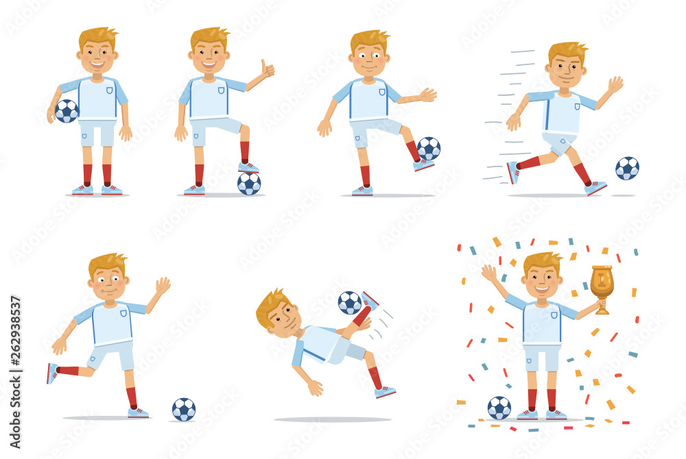 Set of football player characters showing different actions. Cheerful soccer player standing, running, kicking the ball, jumping, celebrating victory. Simple style vector illustration