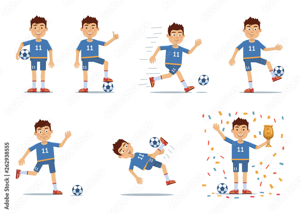 Naklejka Set of football player characters showing different actions. Cheerful soccer player standing, running, kicking the ball, jumping, celebrating victory. Simple style vector illustration