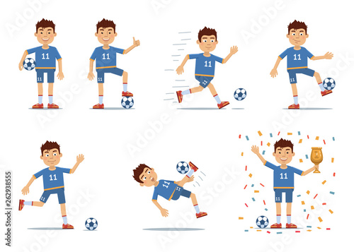 Set of football player characters showing different actions. Cheerful soccer player standing, running, kicking the ball, jumping, celebrating victory. Simple style vector illustration
