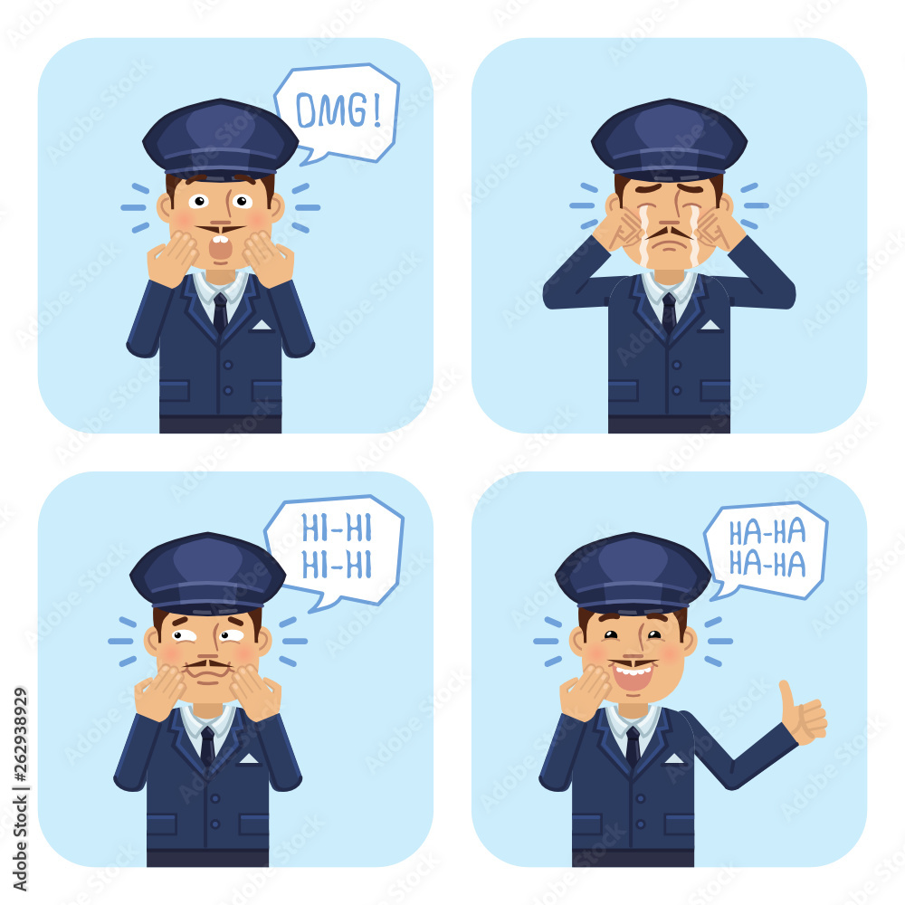 Set of chauffeur characters showing different facial expressions. Cheerful driver showing thumb up gesture, laughing, crying, smiling, surprised. Flat style vector illustration