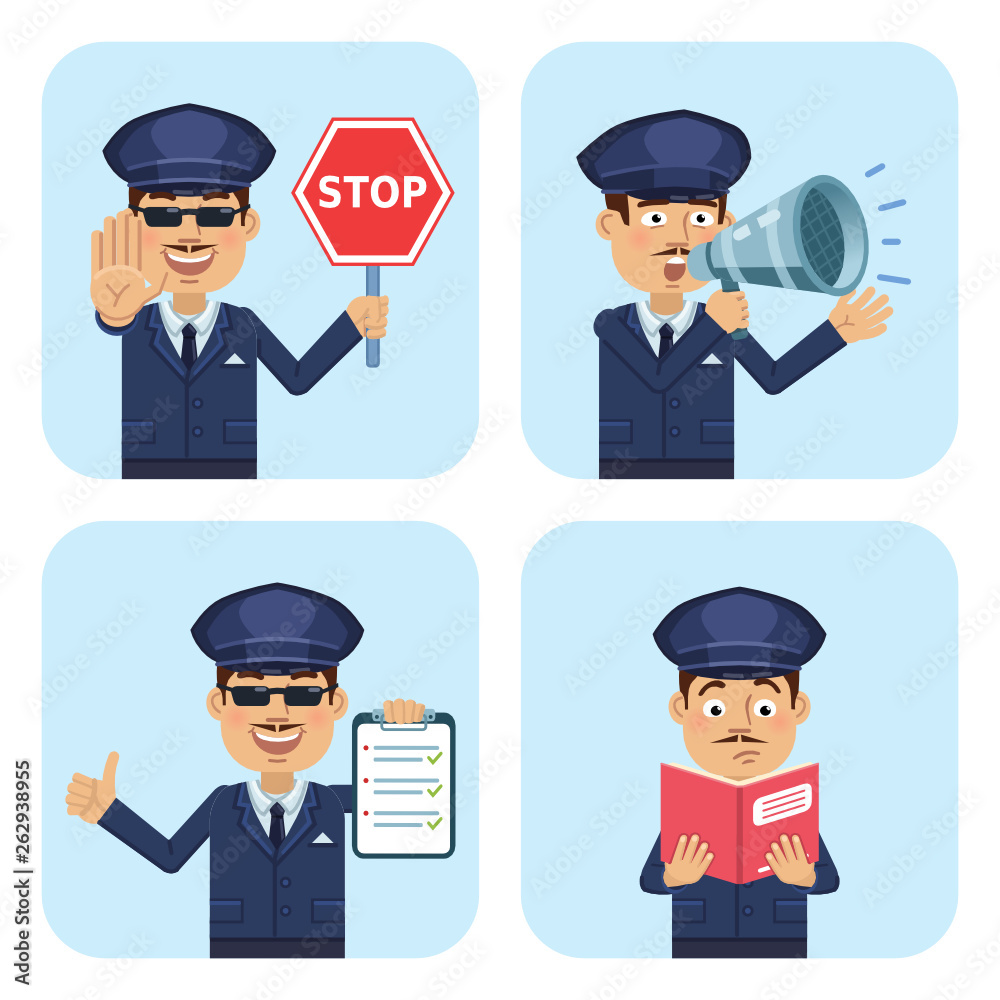 Set of chauffeur characters posing in different situations. Cheerful driver holding stop sign, loudspeaker, clipboard, reading a book. Flat style vector illustration